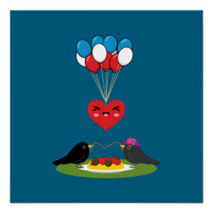 Schwarze Vogel Spaghetti-Fleischbällchen Valentins Poster