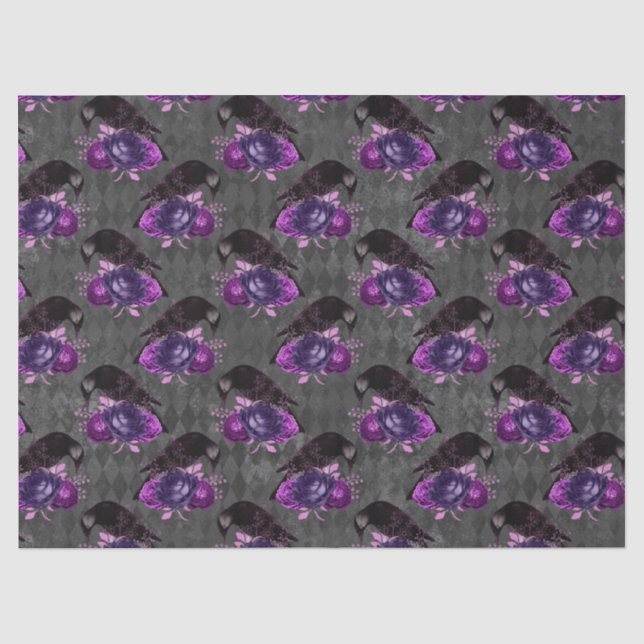 Schwarze Vögel und Lila Rose Entkopplung Seidenpapier (Vorderseite)