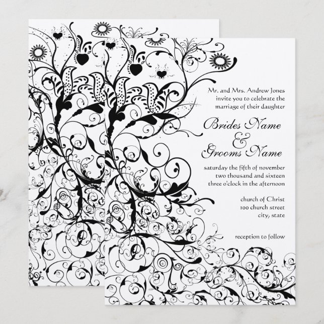 Schwarze Vögel & Wirbel Hochzeitseinladung Einladung (Vorne/Hinten)