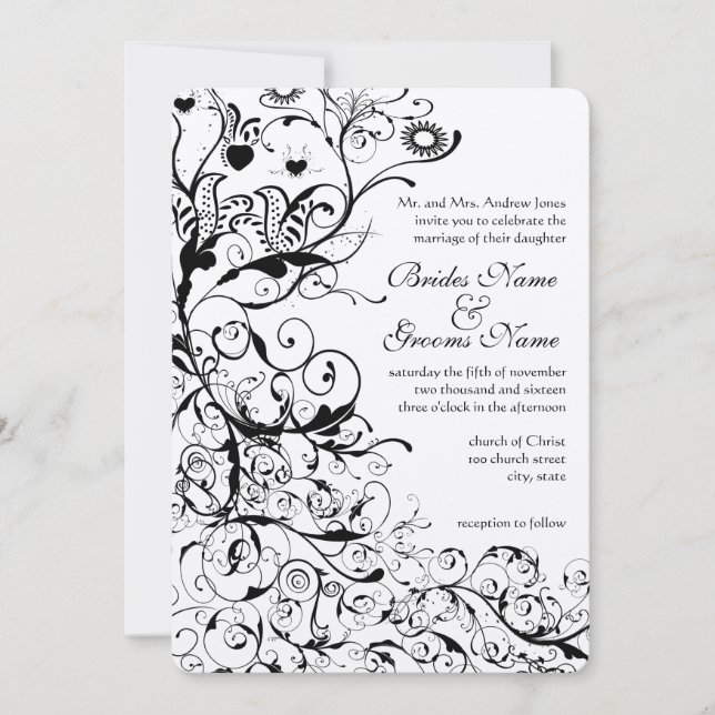 Schwarze Vögel & Wirbel Hochzeitseinladung Einladung (Vorderseite)