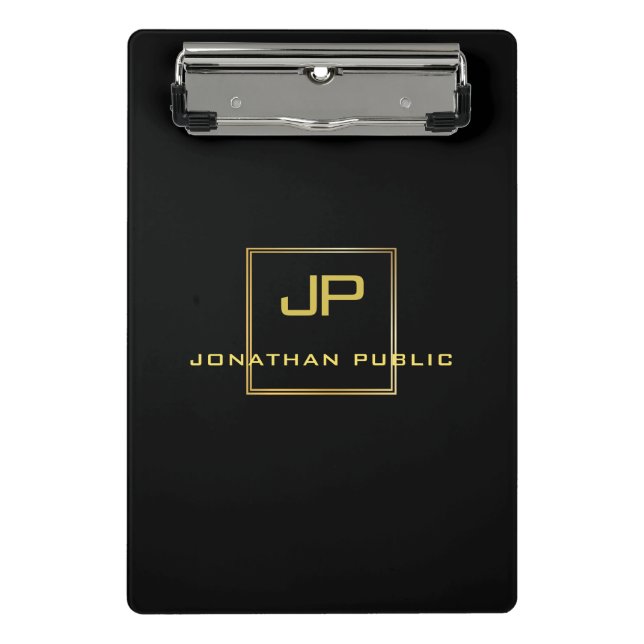 Schwarze Vorlage aus Gold Monogram elegant Moderne Mini Klemmbrett (Vorderseite)