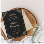 Schwarze Walima-Islamische Hochzeit Einladung<br><div class="desc">Elegante Schwarz Walima islamische Hochzeit Einladung. Diese Karte hat eine Vintage Goldgrenze und traditionelle Schriftart. Sie können auch die Kartenfarbe,  den Schriftart und die Farbe anpassen. Sie können diese Karte einzigartig machen,  indem Sie die Namen des Paares,  das Datum und die Adresse des Ortes editieren.</div>
