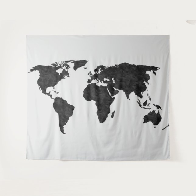  Schwarze Wasserfarbe der Weltkarte auf grauem Ban Wandteppich (Vorderseite (Horizontal))