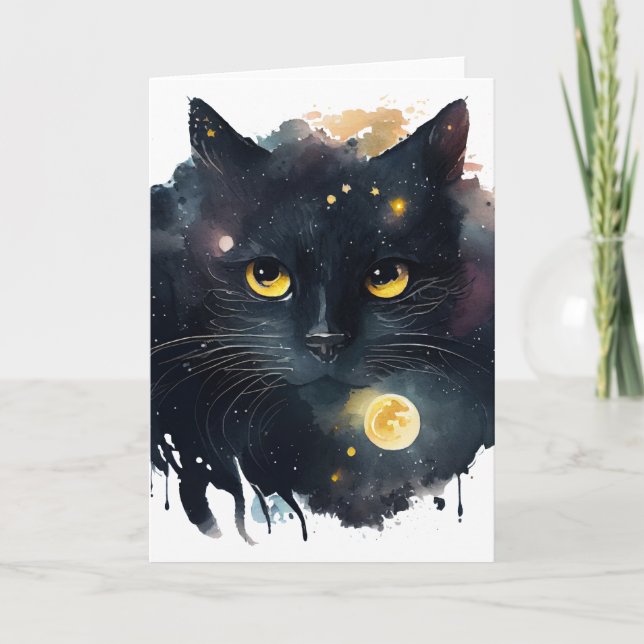 Schwarze Wasserfarbe Kosmische Katze mit gelben Au Karte (Vorderseite)
