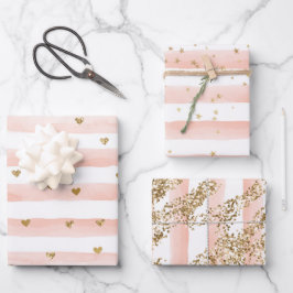 Schwarze Wasserfarben Streifen Gold Glitzer Herzen Geschenkpapier Set