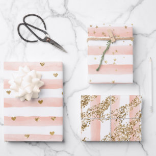 Schwarze Wasserfarben Streifen Gold Glitzer Herzen Geschenkpapier Set