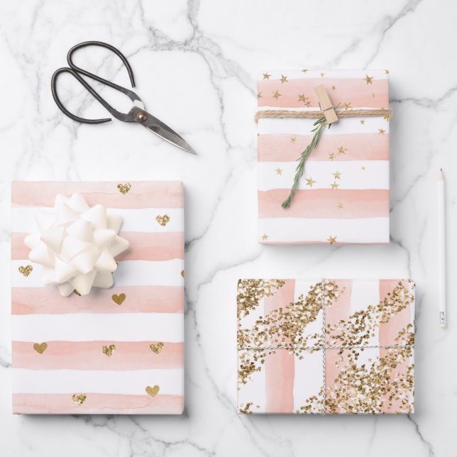 Schwarze Wasserfarben Streifen Gold Glitzer Herzen Geschenkpapier Set (Vorderseite)