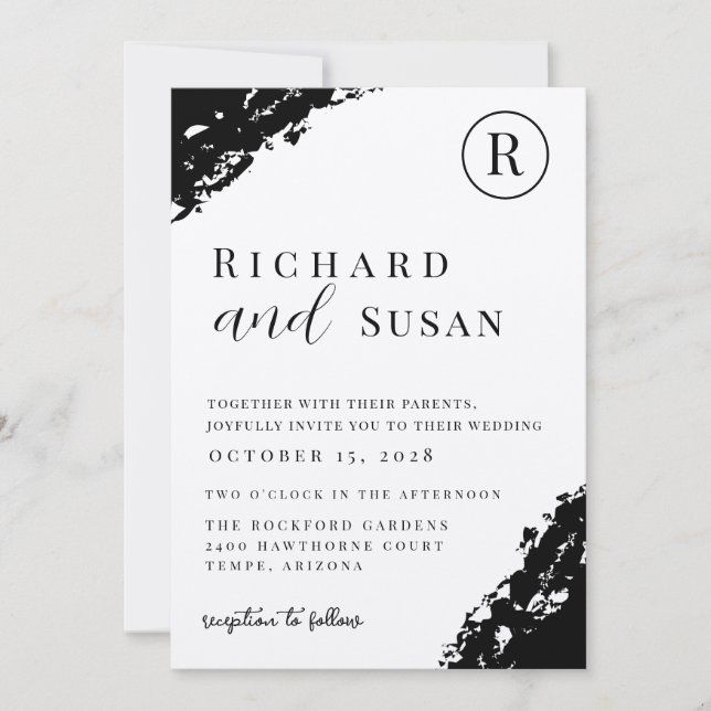 Schwarze Wasserfarbenhochzeit Einladung (Vorderseite)