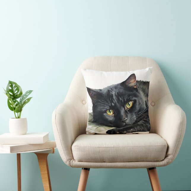Schwarze Wasserfarbenkatze auf Weiß Kissen (Stuhl )
