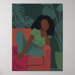 Schwarze Weichfrau mit grünen viridischen Pflanze Poster