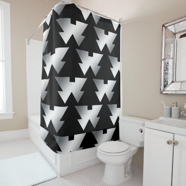 Schwarze Weihnachtsbäume auf Silber Duschvorhang (Beispiel)