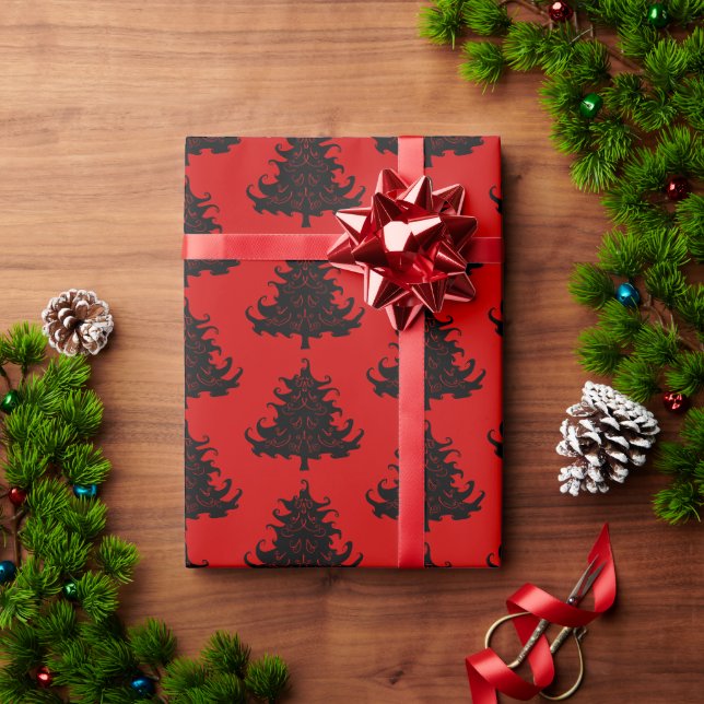 Schwarze Weihnachtsbaumen Muster Red Geschenkpapier (Feiertagsgeschenk)