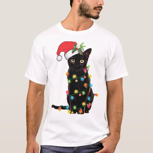 Schwarze Weihnachtskatze im Licht der Nacht Weihna T-Shirt (Vorderseite)