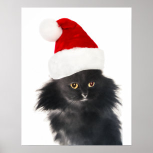 SCHWARZE WEIHNACHTSKATZE MIT SANTA-HUT POSTER