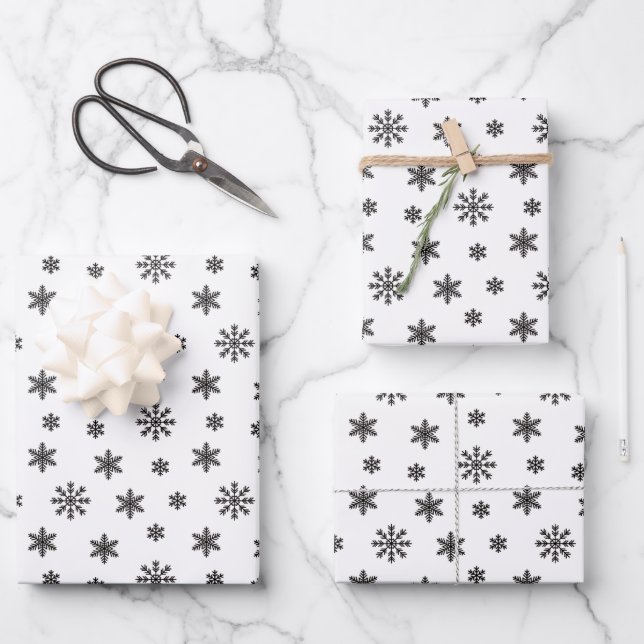 Schwarze Weihnachtsschneeflocken im weißen Hinterg Geschenkpapier Set (Vorderseite)