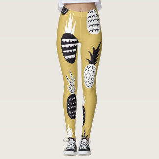 Schwarze, weiße Ananas, gelber Hintergrund Leggings