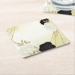 schwarze weiße Blumen goldene Blätter Hochzeit Rechteckiger Pappuntersetzer