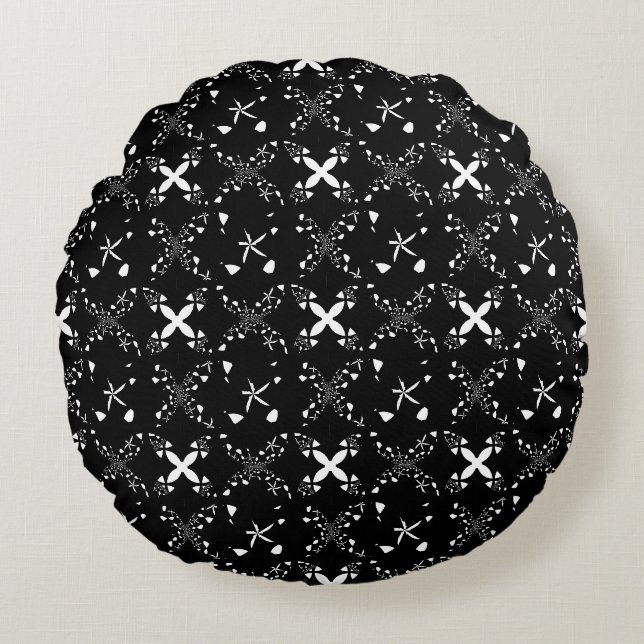 Schwarze, weiße, elegante Abstrakte Blume Rundes Kissen (Vorderseite)