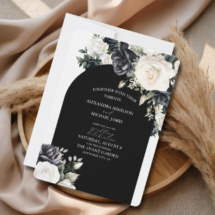 Schwarze Weiße Florale Bögen Elegante Hochzeit Einladung
