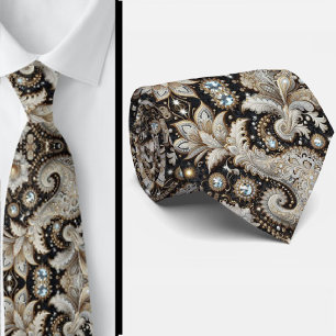 Schwarze weiße Goldspitze Paisley Diamant Krawatte