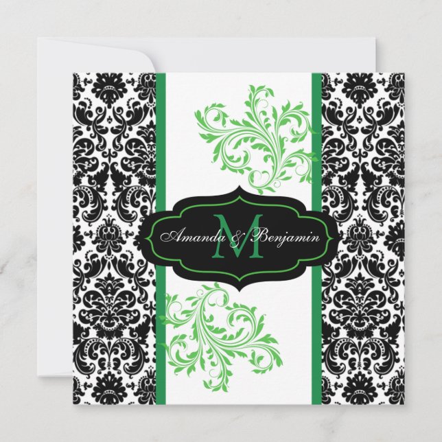 Schwarze, weiße, grüne Damaskus-Scroll Hochzeitsre Einladung (Vorderseite)