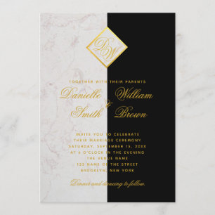 Schwarze Weiße Marmor Monogramm Gold Elegante Hoch Einladung