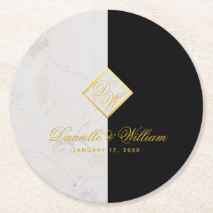 Schwarze Weiße Marmor Monogramm Gold Elegante Hoch Runder Pappuntersetzer