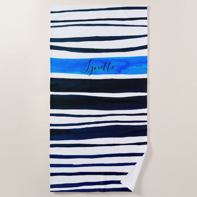 Schwarze, weiße, mediterran blaue Streifen Strandtuch (Vorderseite)