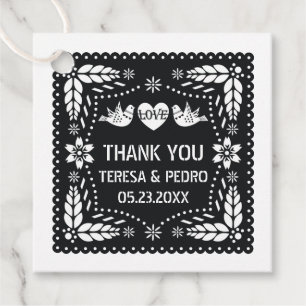 Schwarze, weiße Papel Picado lieben Vögel Hochzeit Geschenkanhänger