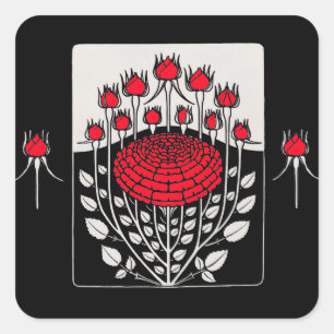 SCHWARZE WEISSE ROTEN ROSEN, ROSENKNOSPEN Art Nouv Quadratischer Aufkleber