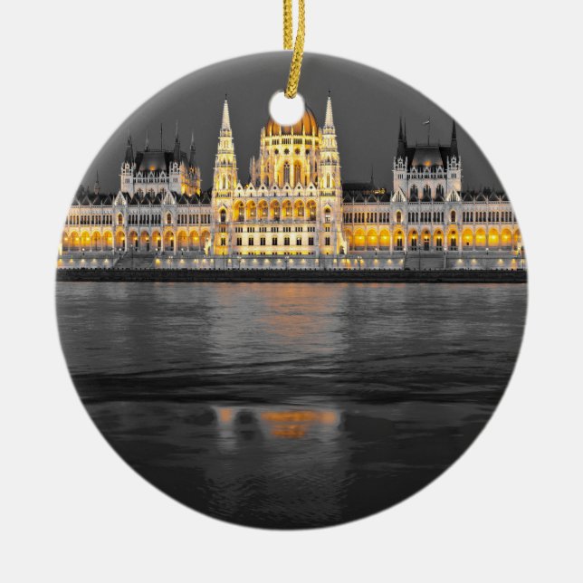 Schwarze, weiße und gelbe Budapester Leuchten Keramikornament (Vorne)