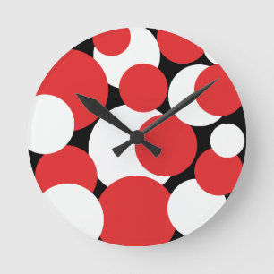 Schwarze, weiße und rote Polka-Punkte Runde Wanduhr