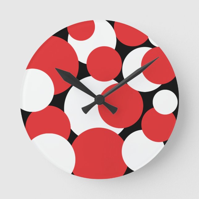 Schwarze, weiße und rote Polka-Punkte Runde Wanduhr (Vorderseite)