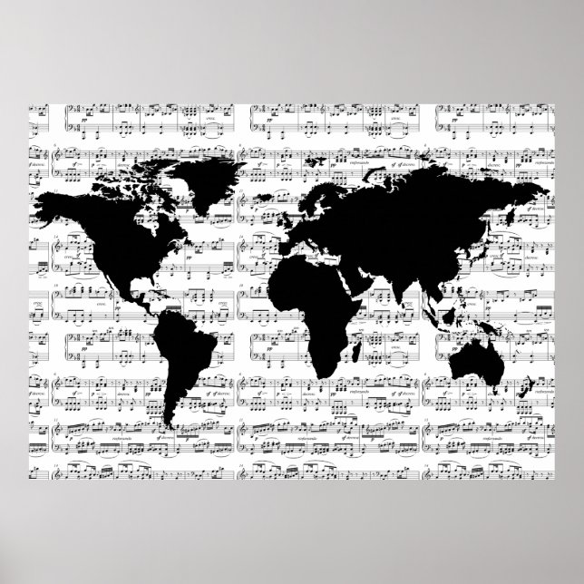 schwarze Weltkarte mit musikalischen Noten Poster (Vorne)