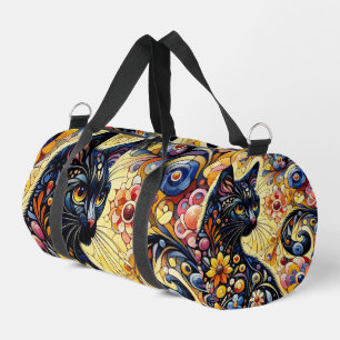 Schwarze Whimsikkatze Abstrakte Blumenmalerei Kuns Duffle Bag