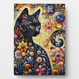 Schwarze Whimsikkatze Abstrakte Blumenmalerei Kuns Fotoplatte