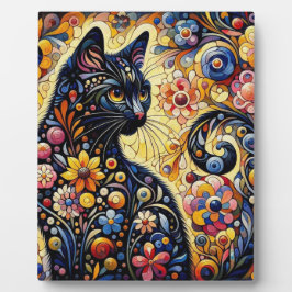 Schwarze Whimsikkatze Abstrakte Blumenmalerei Kuns Fotoplatte