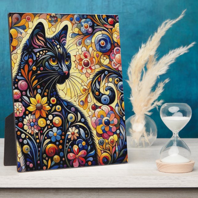 Schwarze Whimsikkatze Abstrakte Blumenmalerei Kuns Fotoplatte (Seite)