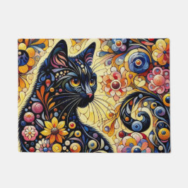 Schwarze Whimsikkatze Abstrakte Blumenmalerei Kuns Fußmatte