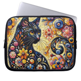 Schwarze Whimsikkatze Abstrakte Blumenmalerei Kuns Laptopschutzhülle