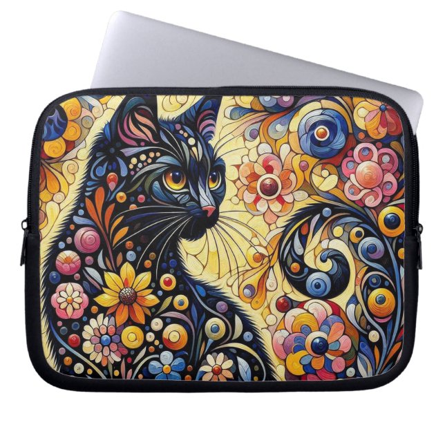 Schwarze Whimsikkatze Abstrakte Blumenmalerei Kuns Laptopschutzhülle (Vorderseite)