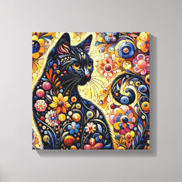 Schwarze Whimsikkatze Abstrakte Blumenmalerei Kuns Leinwanddruck