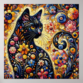 Schwarze Whimsikkatze Abstrakte Blumenmalerei Kuns Poster
