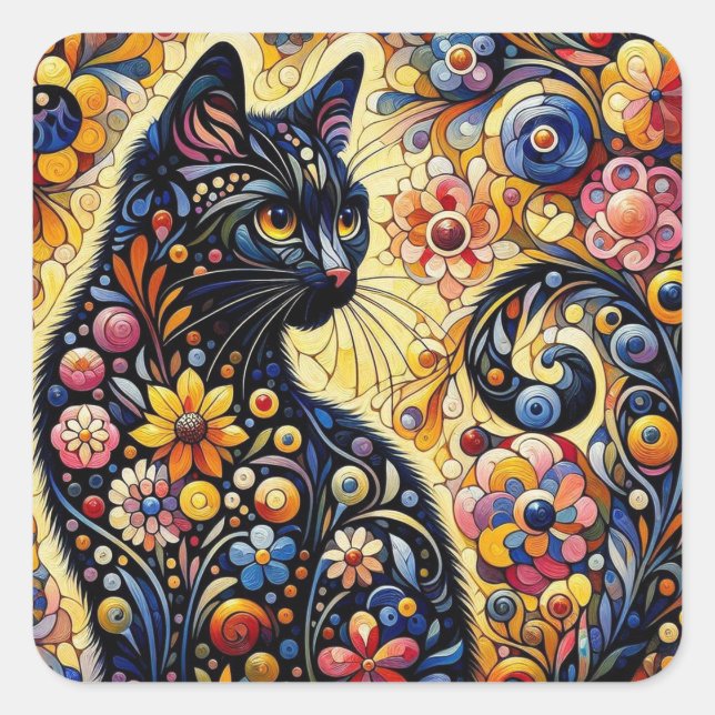 Schwarze Whimsikkatze Abstrakte Blumenmalerei Kuns Quadratischer Aufkleber (Vorderseite)
