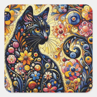 Schwarze Whimsikkatze Abstrakte Blumenmalerei Kuns Quadratischer Aufkleber