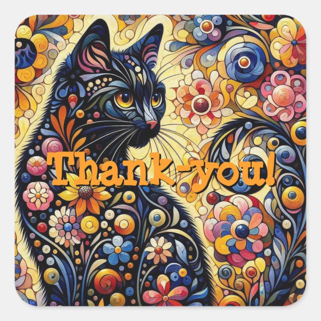 Schwarze Whimsikkatze Abstrakte Blumenmalerei Kuns Quadratischer Aufkleber (Vorderseite)