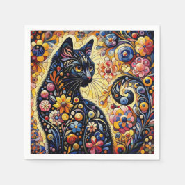 Schwarze Whimsikkatze Abstrakte Blumenmalerei Kuns Serviette