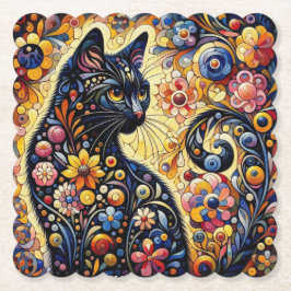 Schwarze Whimsikkatze Abstrakte Blumenmalerei Kuns Untersetzer