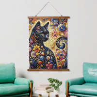Schwarze Whimsikkatze Abstrakte Blumenmalerei Kuns
