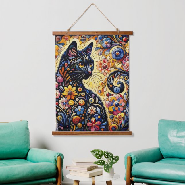 Schwarze Whimsikkatze Abstrakte Blumenmalerei Kuns Wandteppich Mit Holzrahmen (Wohnzimmer)